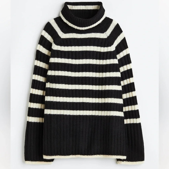 H&M rib-knit turtleneck black/striped oversized long sleeve sweater size medium - Picture 1 of 10